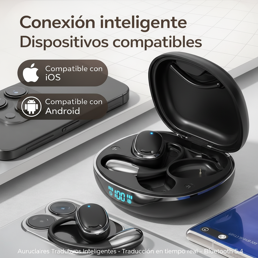 Auriculares traductores inteligentes negros con estuche negro